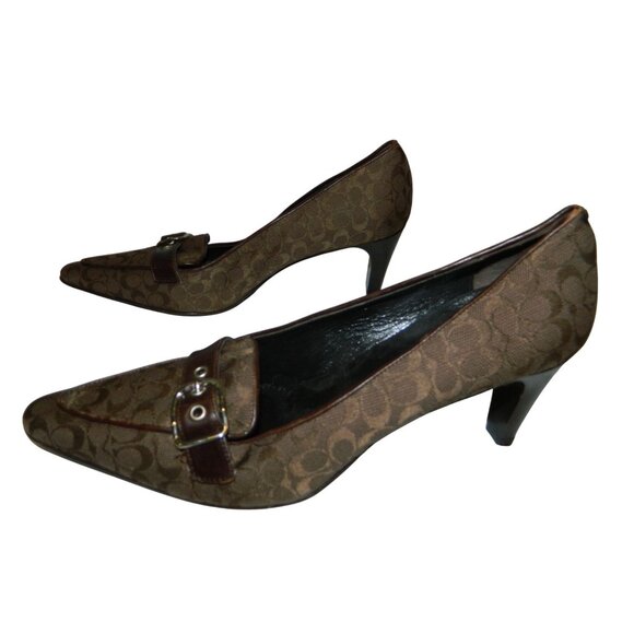 Coach Brown Monogram Buckle Loafers Pointed Toe Heel 7.5B Womens Leather Canvas - Picture 8 of 12